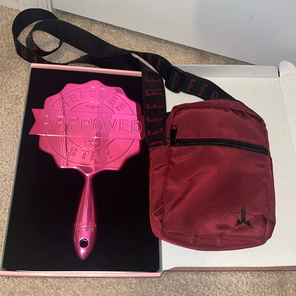Jeffree Star Metallic Pink “Approved” stamp mirror and crossbody bag